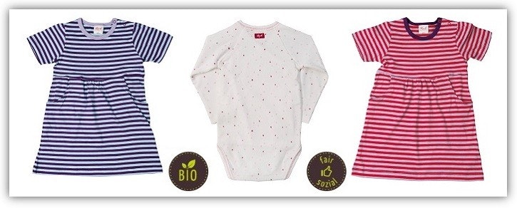 Kindermode People wear organic Kinderklamotten vor weißem Hintergrund: Kleid, Body, Kleid. Dazwischen die Siegel "Bio" und "fair und sozial"