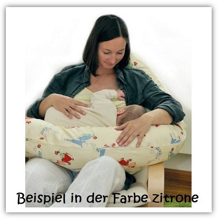 Stillkissen von Lotties Eine Frau die ein Baby still, mit Stillkissen. Text auf dem Bild: Beispiel in der Farbe Zitrone