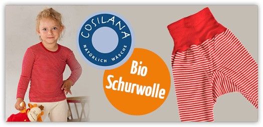 Collage aus Bild von Mädchen in Cosilana-Kleidung, dem Logo von Cosilana, dem Button "Bio-Schurwolle" und ein Produktfoto der roten Umschlagbund-Hose