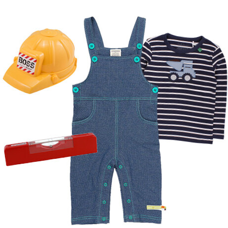 Baumeister Kostüm für Kinder aus Latzhose, gestreiftem Pullover, Bauhelm und Wasserwage