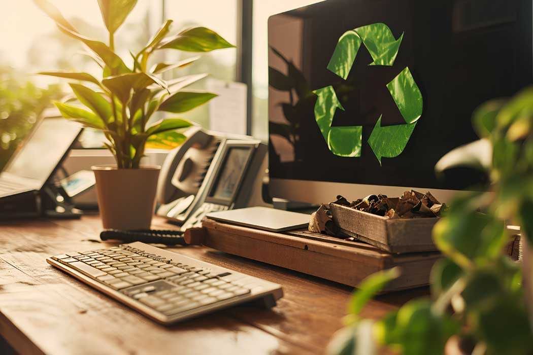 Das Bild zeigt einen Schreibtisch in einem Arbeitsraum, der an einer Fensterseite steht und in warmes Sonnenlicht getaucht ist. Auf dem Schreibtisch befindet sich eine Computermonitor, auf dem das bekannte Recycle-Symbol in grüner Farbe zu sehen ist. Neben dem Monitor liegen ein Ordner, eine Tastatur und ein Telefon.  Auf der linken Seite des Bildes sind mehrere Pflanzen, inklusive einer in einem kleinen Topf, die für eine grüne, frische Atmosphäre sorgen. Darüber hinaus stehen im Hintergrund Bilder oder Karten, möglicherweise auf einem Ablagefach, die leicht schräg aufgestellt sind. 