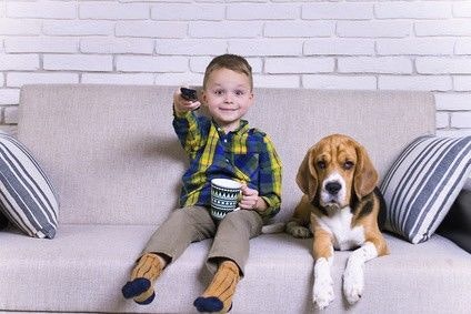 Junge sitzt begeistert mit der Fernbedienung in der Hand auf dem Sofa. Der Hund daneben schaut gelangweilt.