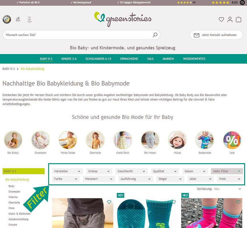 Screenshop greenstories-Website mit Markierung der Filter-Funktion