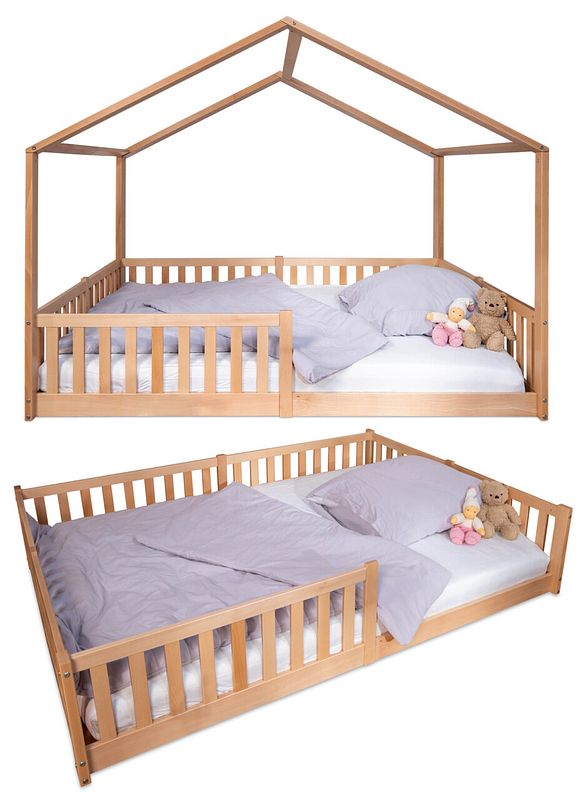 Zwei Betten vor weißem Hintergrund: Das tiSsi® Bodenbett oben mit Dachaufbau und unten ohne Dach.