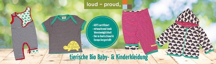 Banner mit 4 Kleidungsstücken und einigen aufgelisteten Vorteilen von Kleidung von loud and proud