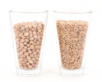 Dinkel vs. Kirschkern Ein Glas mit Kirschkernen drin und ein Glas mit Dinkelkörnern
