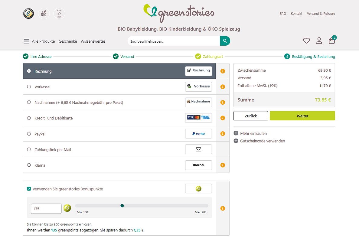 Ein Schreenshot von der greenstories Webseite, wie man bei einer Bestellung die greenstories Bonuspunkte einlösen kann.