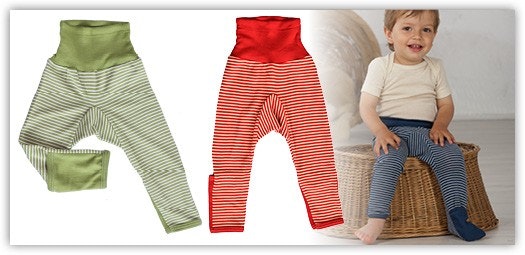 Hosen mit Umschlagbund aus Wolle & Seide Produktfotos von 3 geringelten Hosen mit Umschlagbund in Grün, Rot und Blau