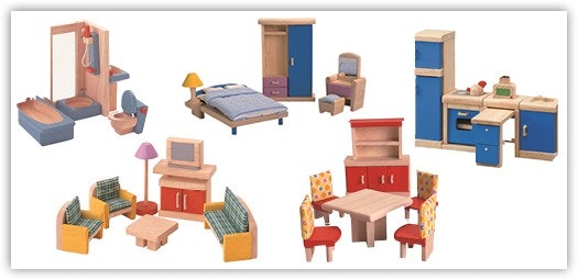 Puppenhaus: Küche, Wohn-, Ess-, Schlaf- oder Badezimmer - für all diese Bereiche gibt es Mini-Möbel Puppenhaus: Küche, Wohn-, Ess-, Schlaf- oder Badezimmer - für all diese Bereiche gibt es Mini-Möbel