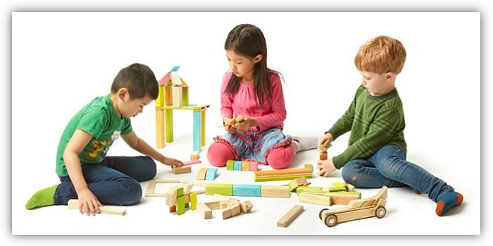 Kinder spielen mit tegu Magnet Bausteinen
