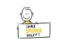 Zeichnung eines kleinen Männchens, das ein Schild hält, auf dem steht "Ihre Spende hilft!".
