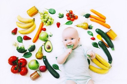 Baby liegt auf dem Rücken und hat ein Salatblatt im Mund. Um es herum liegt verschiedenes Obst & Gemüse. Baby liegt auf dem Rücken und hat ein Salatblatt im Mund. Um es herum liegt verschiedenes Obst & Gemüse.