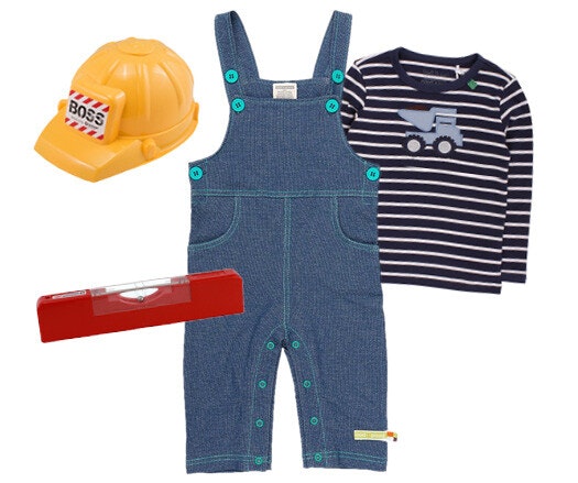 Baumeister Kostüm für Kinder Baumeister Kostüm für Kinder aus Latzhose, gestreiftem Pullover, Bauhelm und Wasserwage