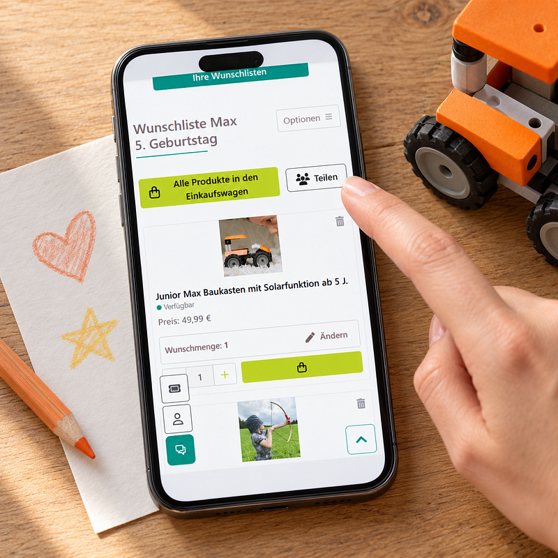 Ein Handy mit der greenstories Webseite geöffnet, mit der Wunschliste "Max 5. Geburtstag"