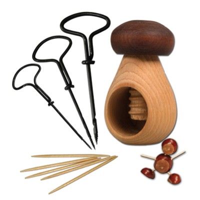 Corvus Kastanien-Bastel-Set aus Zahnstäbchen, 3 Metall-Bohrern, ein Holzpilz in dem man die Kastanie reinschrauben kann