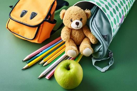 Ein Mäppchen mit Stiften, einen kleinen Teddybären, einen Apfel
