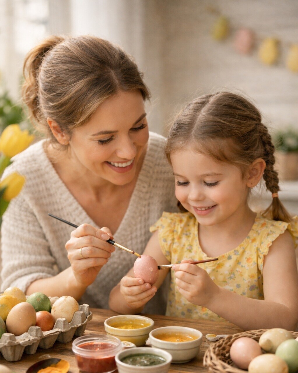 Kinder und Mama beim Eierbemalen