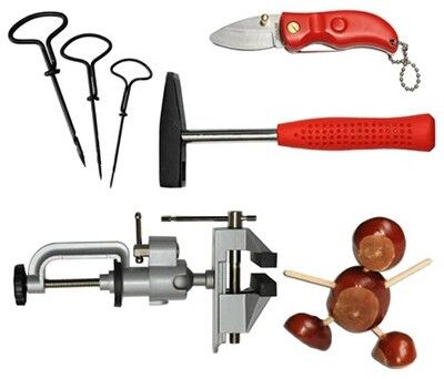 Werkzeug-Set zum Basteln mit Kastanien mit Taschenmesser, HAmmer, Schraubzwinge und 3 Metall-Bohrer