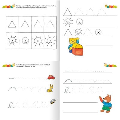 Einfache Aufgaben mit Schwungübungen für Kindergartenkinder Lernbuchseite mit Schwungübungen