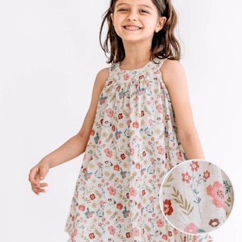 Musselin Kleid ohne Arm Blumen Blätter beige