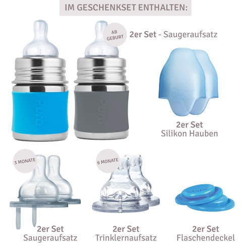 2 Babyflasche Edelstahl Geschenkeset ab Geburt grün blau