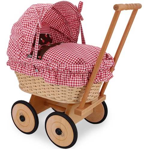 Korb Puppenwagen aus Holz rot-weiß