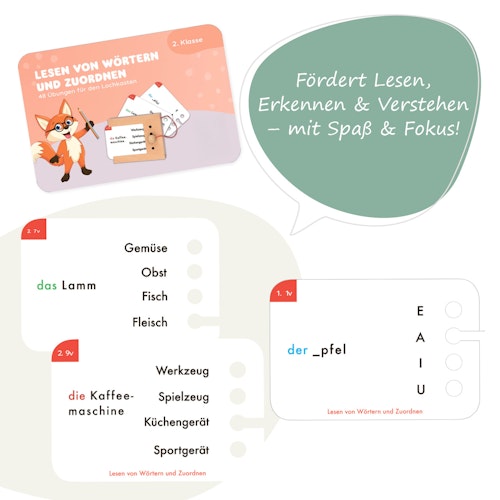 Kartensatz Lesen von Wörtern und Zuordnen (ohne Lochkasten)