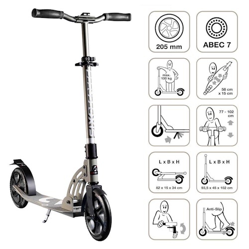 Alu Scooter ab 6 Jahre 35-100kg 205mm-Rädern grau