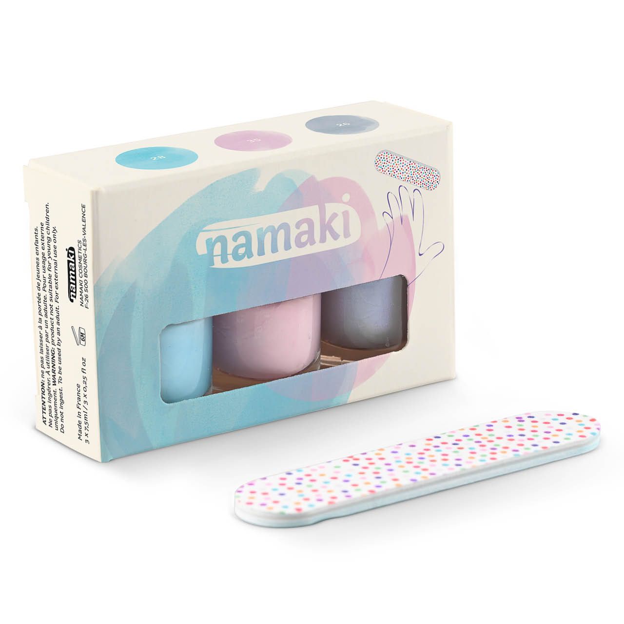 Kinder Nagellack 3-er Set – Helllau, Blassrosa, Silber-Blau