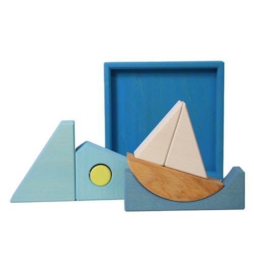 Bauspiel blau 7 Teile im Rahmen 18,6 x 18,6 cm