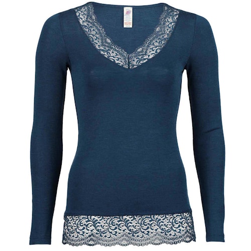 Damen Wolle Seide Langarmshirt mit Spitze