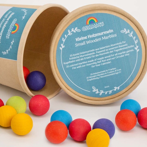 35 kleine Murmeln Holzkugeln bunt, mit Beutel