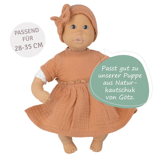 Puppenkleid 28-35cm mit Haarband karamell, Bio-Baumwolle