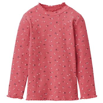 Geripptes Langarmshirt Stehkragen Blümchen rosa