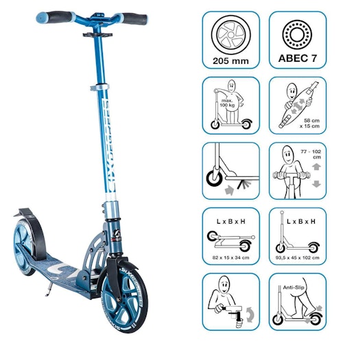 Alu Scooter ab 6 Jahre 35-100kg 205mm-Rädern blau