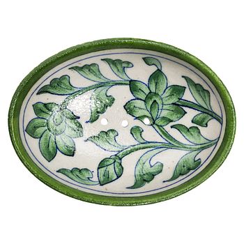 Ovale Seifenschale Keramik mit grünem Blumenmuster