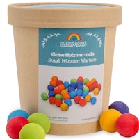 35 kleine Murmeln Holzkugeln bunt, mit Beutel