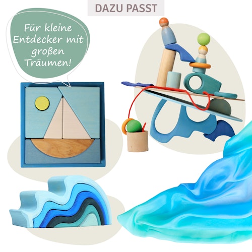 Bauspiel blau 7 Teile im Rahmen 18,6 x 18,6 cm