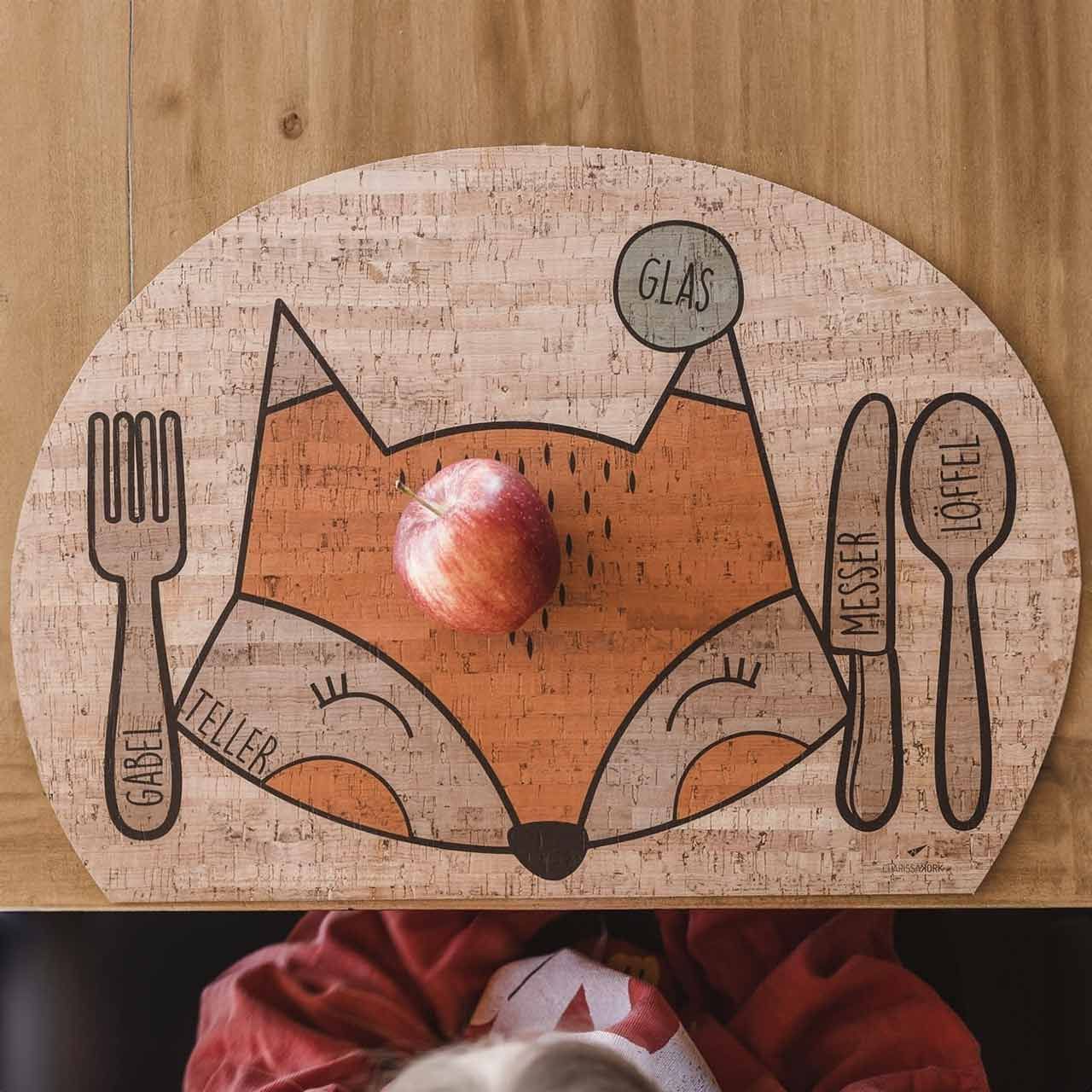 Kinder Montessori Tischset aus Korkleder Fuchs 46 x 37,5 cm