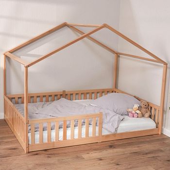 Montessori Bett 140x200 natur - Bodenbett mit Rausfallschutz