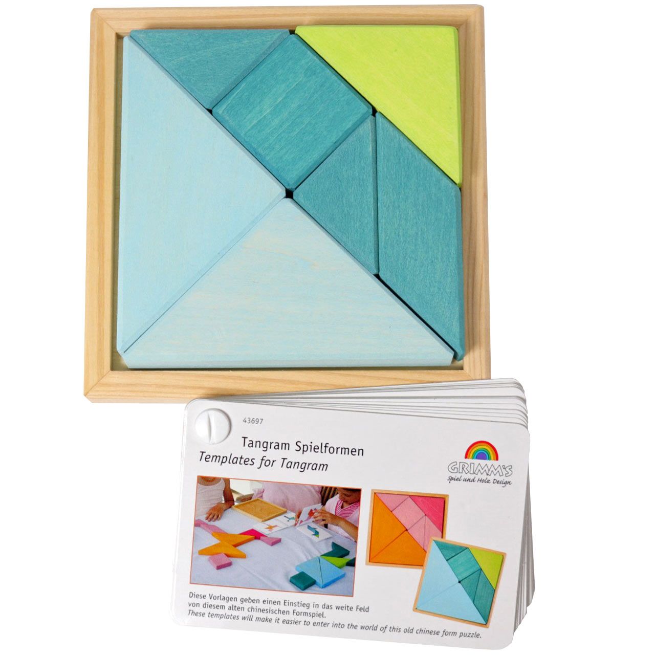 Tangram mit Holzrahmen türkis, 7 Teile im Holzrahmen
