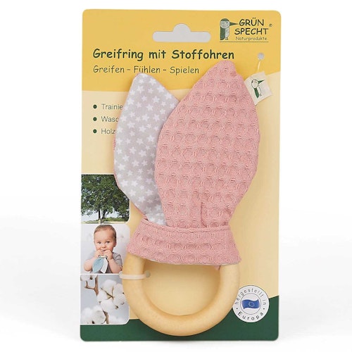 Holz Greifring Stoffohren rosa