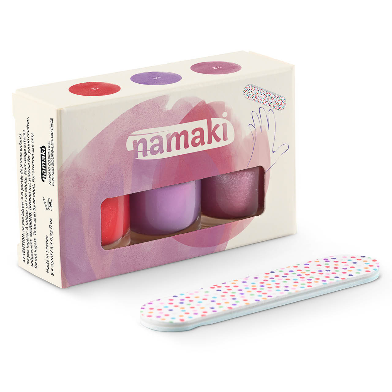 Kinder Nagellack 3-er Set – Kirsche, Violett, Glitzer-Pink