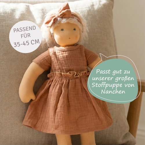 Puppenkleid 35-45cm mit Haarband karamell, Bio-Baumwolle