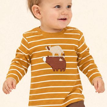 Langarmshirt Baby Tier Aufnäher, curry-gelb gestreift