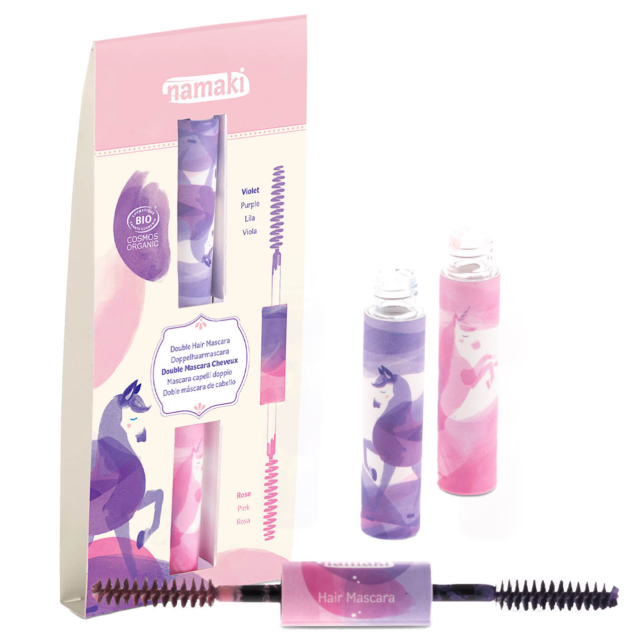 Natürliche Haarmascara mit Doppelspitze – Pink & Lila