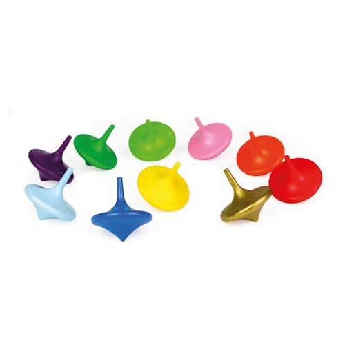 10 bunte Holzreisel mit Kreiselbrett 25 x 25 cm