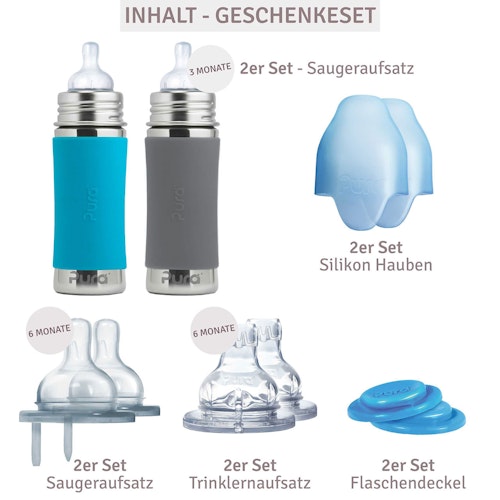 Geschenkset 2 Edelstahl Flaschen ab 3 Monate grün blau