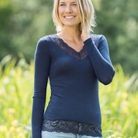 Damen Wolle Seide Langarmshirt mit Spitze