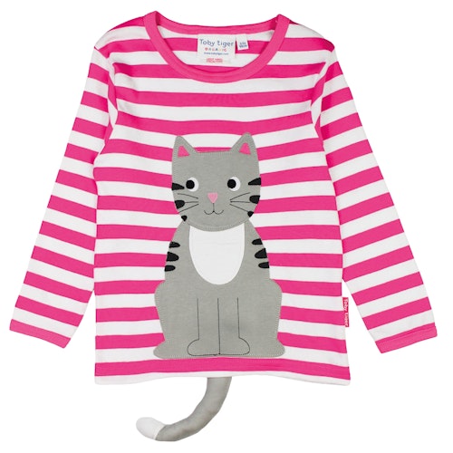 Gestreiftes Langarmshirt Katzen-Applikation pink